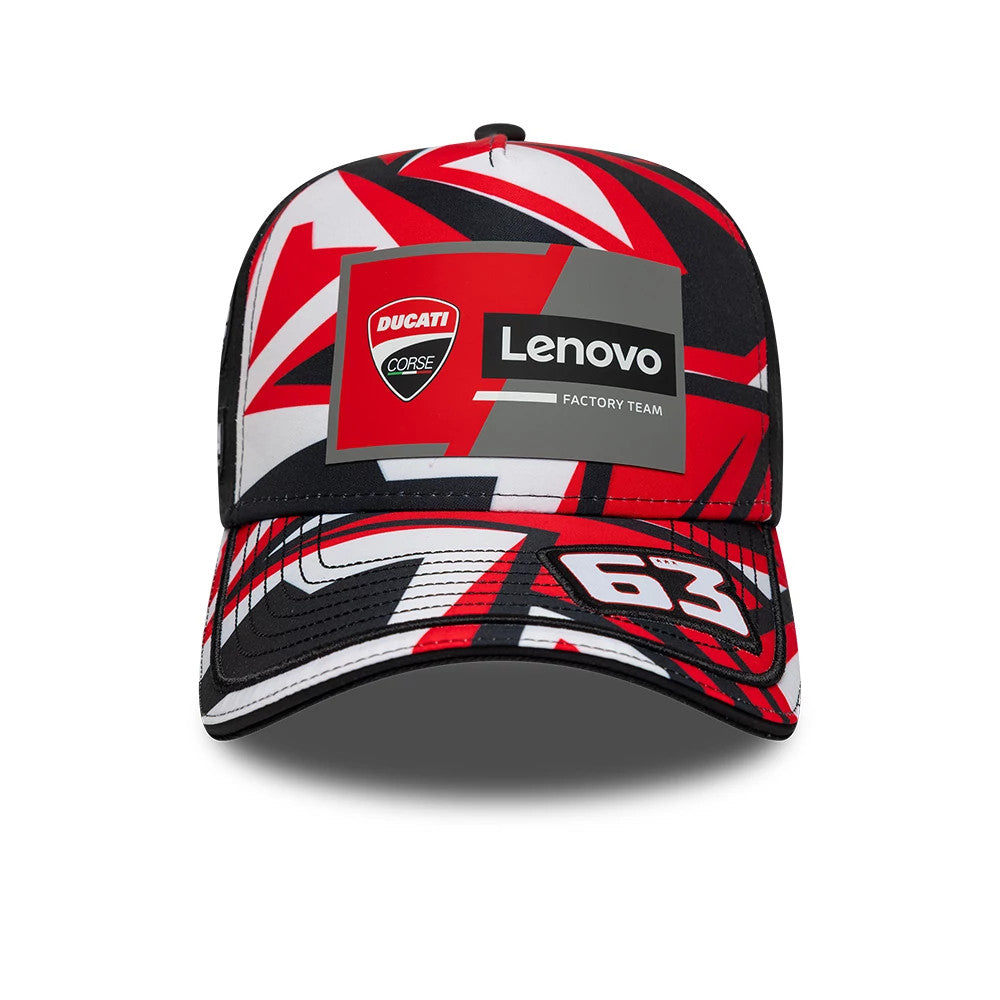 Ducati Motor Replica Francesco Bagnaia Misano Race Special Black New Era 9FORTY E-Frame Adjustable Cap, front view showing the red and white abstract pattern, the Ducati Corse and Lenovo logos on the crown, and the number 63 on the visor.