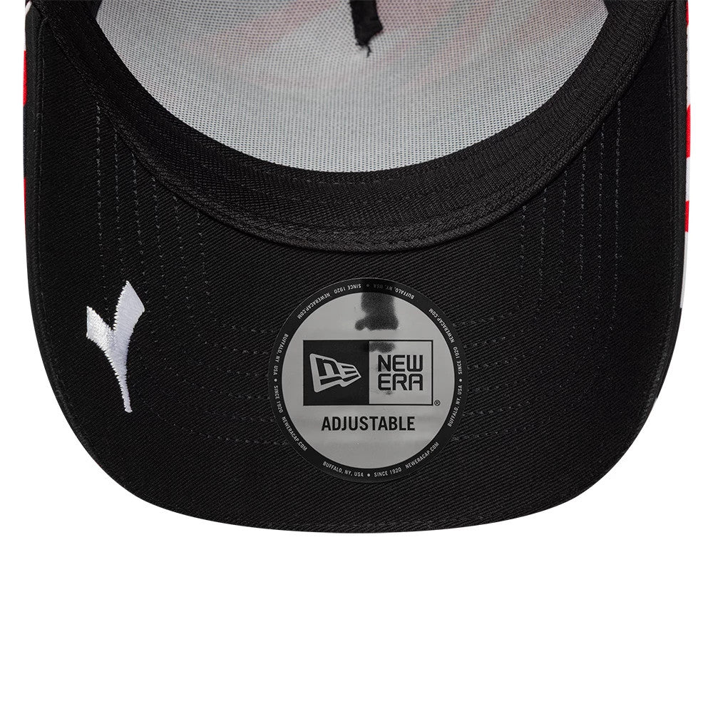 Ducati Motor Replica Francesco Bagnaia Misano Race Special Black New Era 9FORTY E-Frame Adjustable Cap, inside view showing the white embroidered logo on the black visor, a prominent New Era adjustable size sticker, and black internal stitching.
