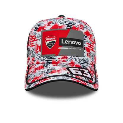 Pictured is this Ducati Motor Replica Francesco Bagnaia Japan Race Special All Over Print 9FORTY E-Frame Adjustable cap. 3