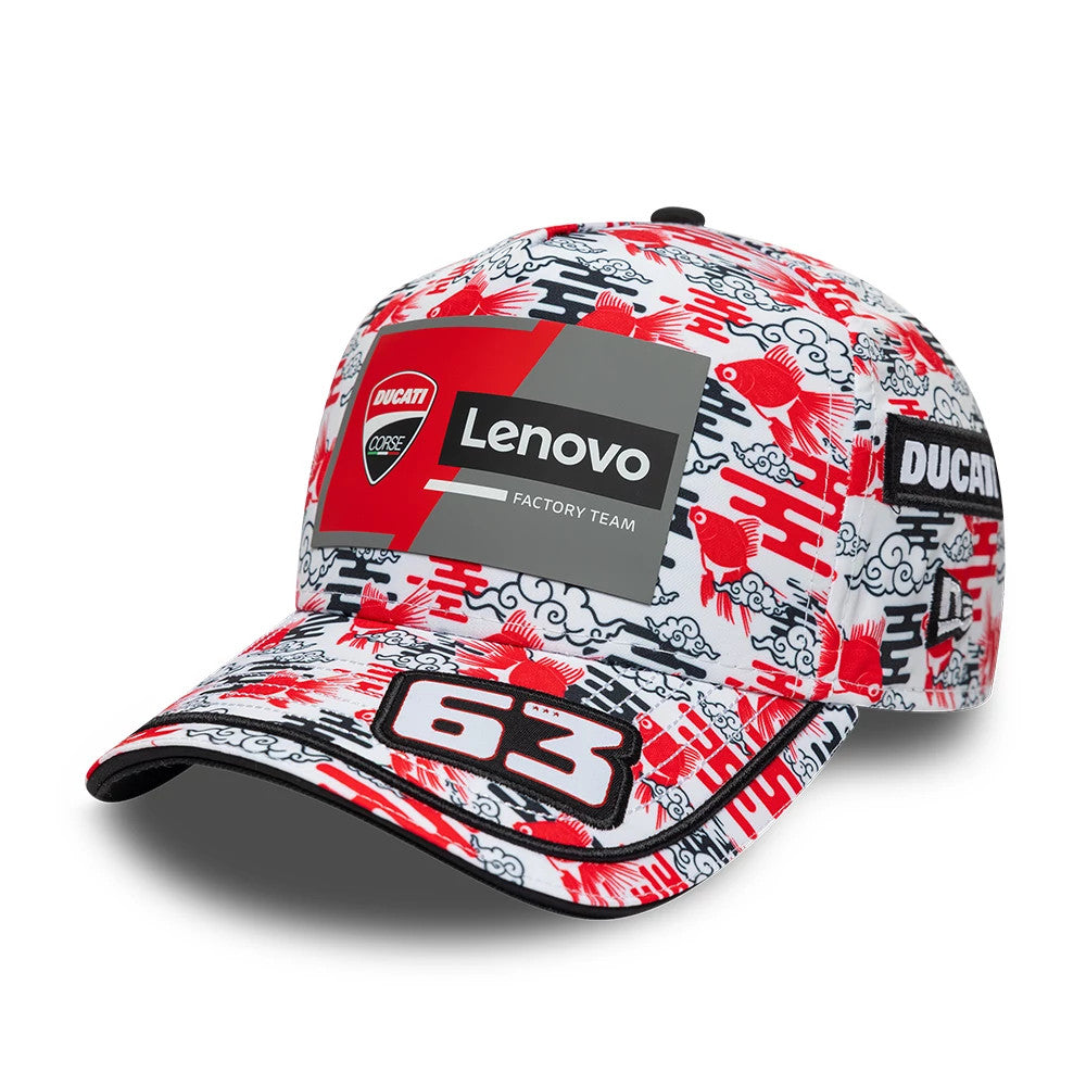 Pictured is this Ducati Motor Replica Francesco Bagnaia Japan Race Special All Over Print 9FORTY E-Frame Adjustable cap. 1