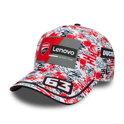 Pictured is this Ducati Motor Replica Francesco Bagnaia Japan Race Special All Over Print 9FORTY E-Frame Adjustable cap. 1