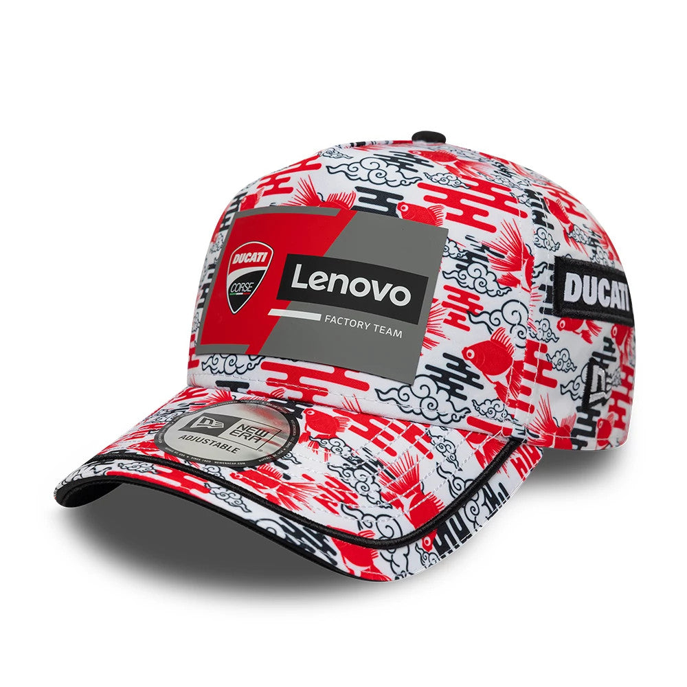 Pictured is this Ducati Motor Replica Japan Race Special All Over Print 9FORTY E-Frame Adjustable cap. 4
