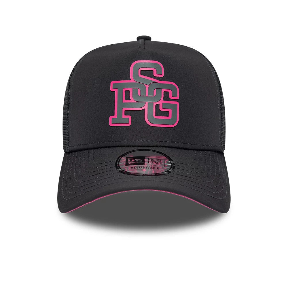 Paris Saint-Germain HD Neon Dark Grey New Era 9FORTY E-Frame Adjustable Cap, front view showing a pink and grey PSG logo in raised embroidery on the front panel, with a black visor featuring a 9FORTY size sticker and pink edging.