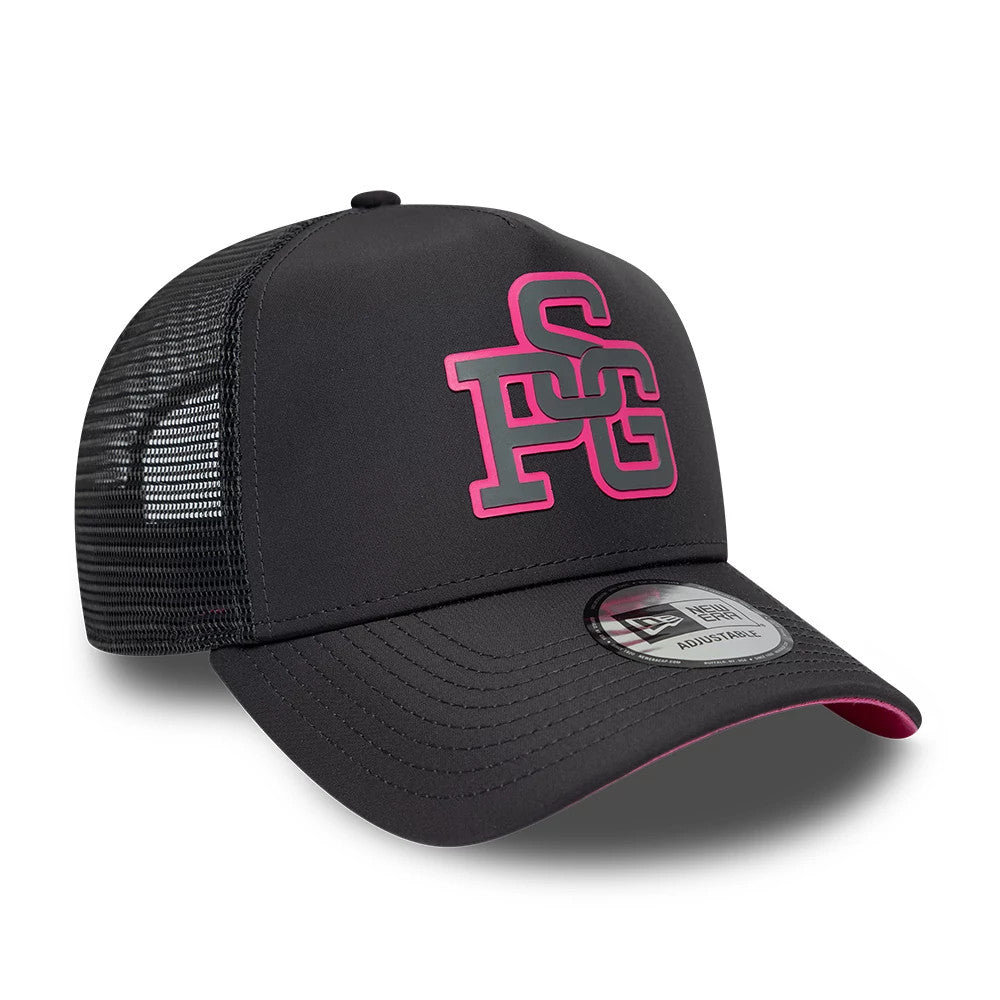 Paris Saint-Germain HD Neon Dark Grey New Era 9FORTY E-Frame Adjustable Cap, three-quarter view showing the pink PSG logo in neon outline on the black front panel, with black mesh side and rear panels.