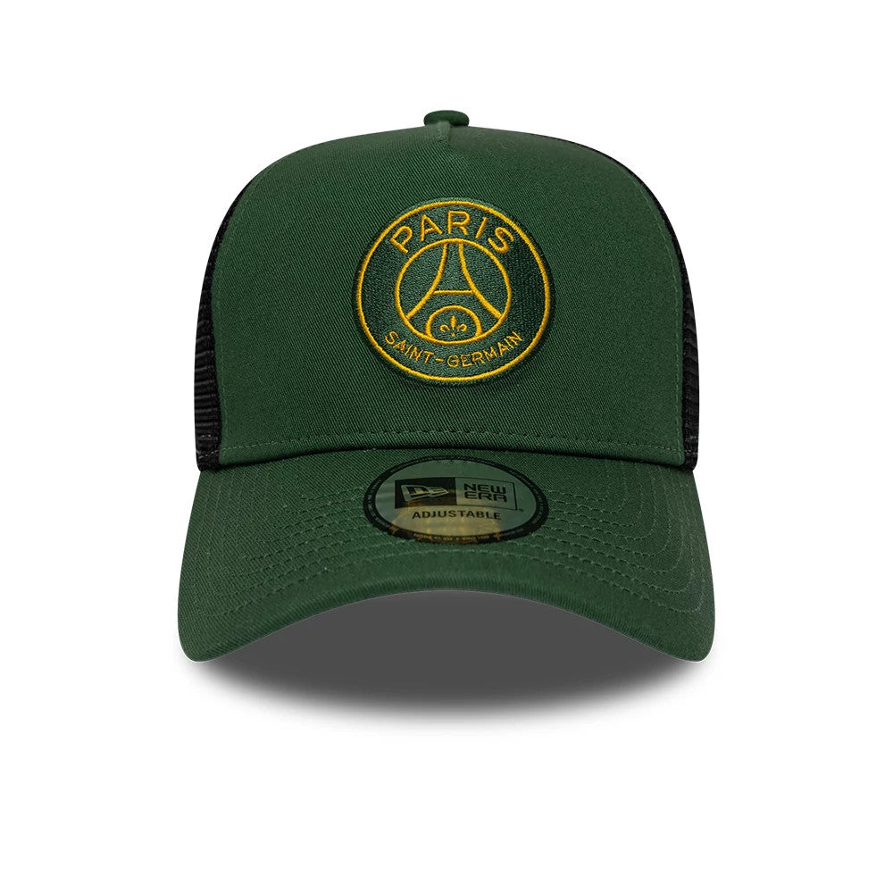 Paris Saint-Germain PSG Dark Green New Era 9FORTY E-Frame Adjustable Cap, front view showing the yellow embroidered PSG logo on the structured green front panels, with a black mesh back and a 9FORTY size sticker on the dark green curved visor.