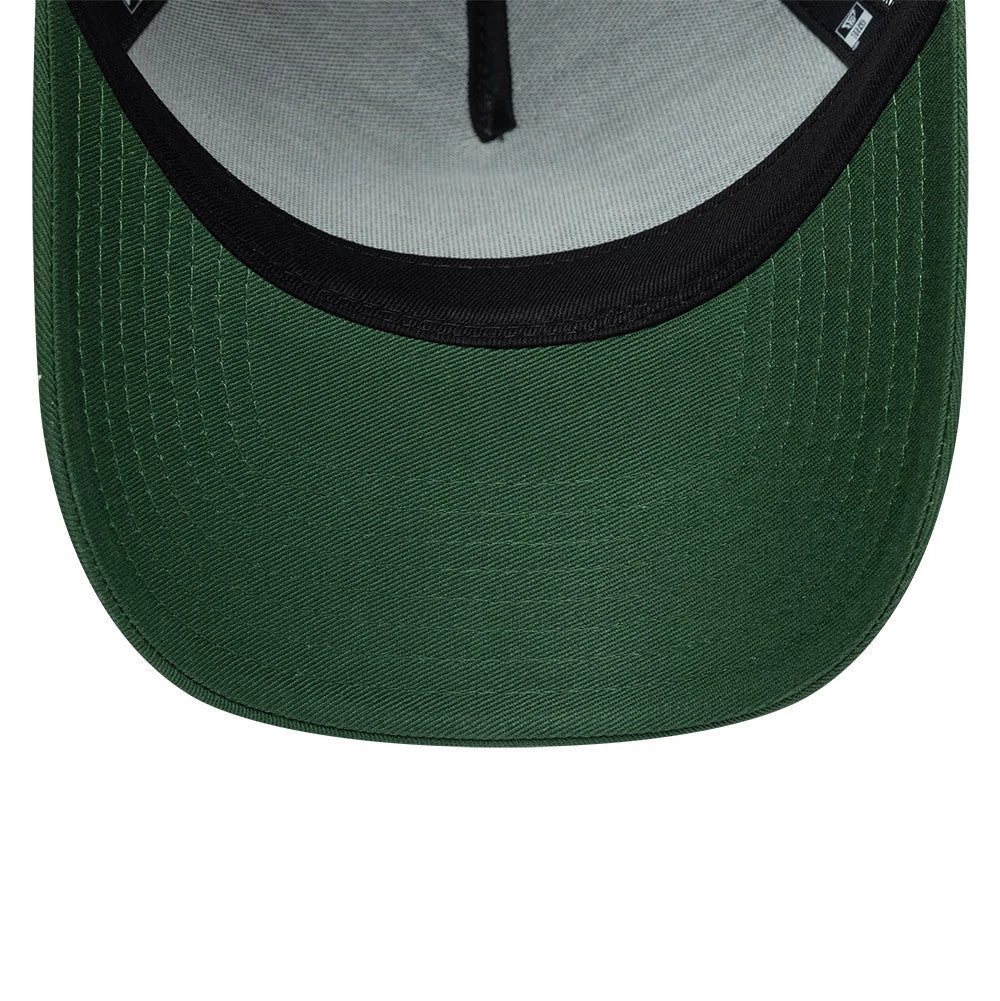 Paris Saint-Germain PSG Dark Green New Era 9FORTY E-Frame Adjustable Cap, inside view showing a black sweatband, grey undervisor, and branded taping, highlighting the cap's inner construction and contrast stitching on the structured dark green visor.