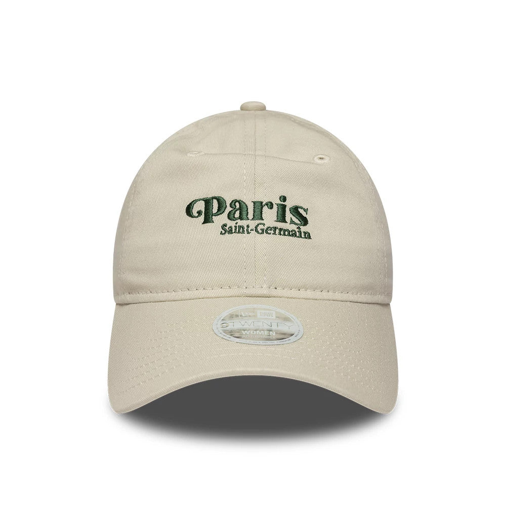 Paris Saint-Germain Womens Script Light Beige New Era 9TWENTY Adjustable Cap, front view showing green embroidered script logo on the front panel, curved light beige visor with a 9TWENTY size sticker, and matching beige top button.