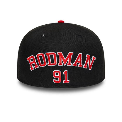 Chicago Bulls NBA Hardwood Classic Players Red New Era 59FIFTY Fitted Cap, rear view showing Rodman 91 in red and white raised embroidery across the black structured crown, completed with a matching red top button.