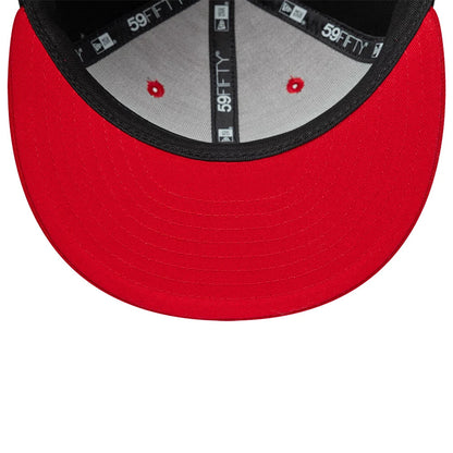 Chicago Bulls NBA Hardwood Classic Players Red New Era 59FIFTY Fitted Cap, inside view showing the black 59FIFTY taping against a grey interior, red eyelets, and a red undervisor contrasted by a black sweatband.