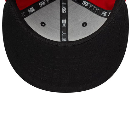 Philadelphia 76ers NBA Hardwood Classic Players Black New Era 59FIFTY Fitted Cap, inside view showing the grey undervisor, black sweatband and taping with New Era and 59FIFTY branding, and two black embroidered eyelets on the red lining.