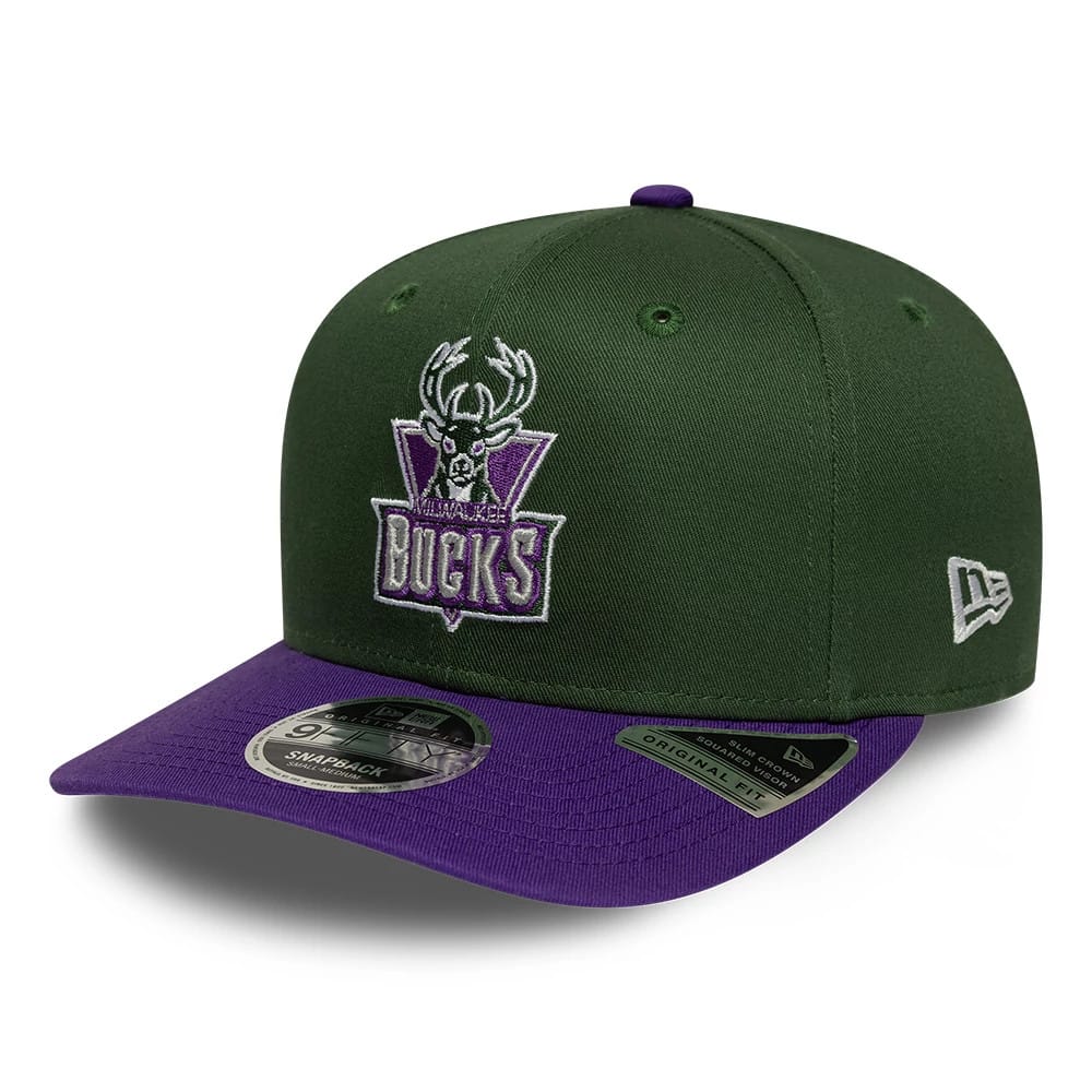 Pictured is this NBA Hardwood Classic Milwaukee Bucks 9FIFTY Snapback cap in dark green. 1