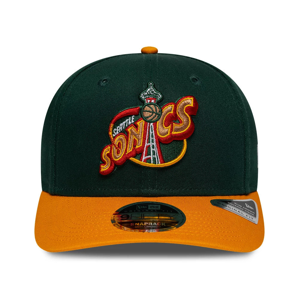 Pictured is this NBA Hardwood Classic Seattle Supersonics 9FIFTY Snapback cap in dark green. 2