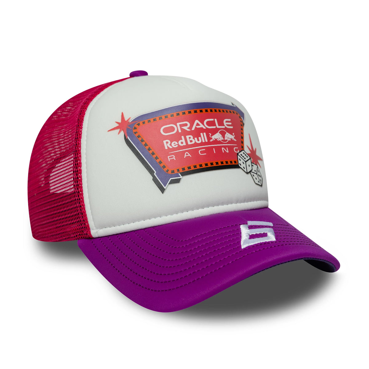 Red Bull Racing Vegas Race Special Isack Hadjar White New Era 9FORTY A-Frame Trucker Adjustable Cap, three-quarter view showing the Oracle Red Bull Racing logo on the front panel, purple visor with embroidered detail, and red mesh back.