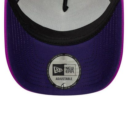 Red Bull Racing Vegas Race Special Isack Hadjar White New Era 9FORTY A-Frame Trucker Adjustable Cap, inside view showing the black sweatband, white mesh lining, and purple undervisor with a New Era adjustable sticker centrally placed.