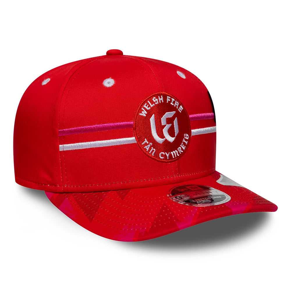 Pictured is this The Hundred 2026 Welsh Fire Tan Cymreig 9SEVENTY Stretch Snap Adjustable cap in red. 3