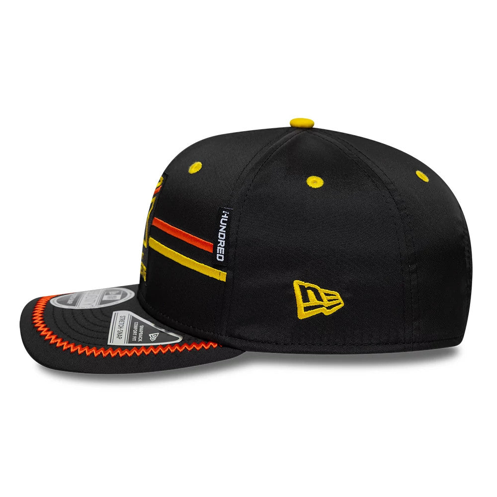 Pictured is this The Hundred 2026 Trent Rockets 9SEVENTY Stretch Snap Adjustable cap in black. 4