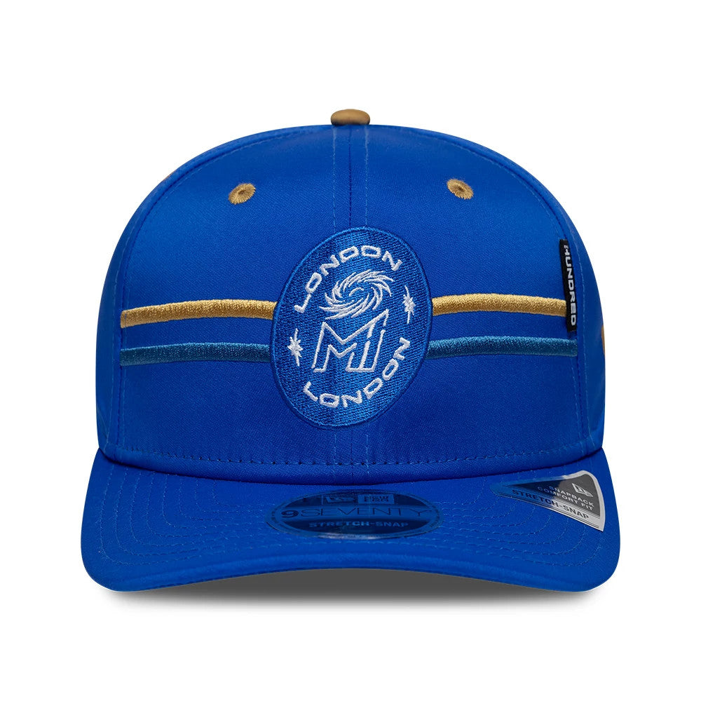 Pictured is this The Hundred 2026 MI London 9SEVENTY Stretch Snap Adjustable cap in bright blue. 2