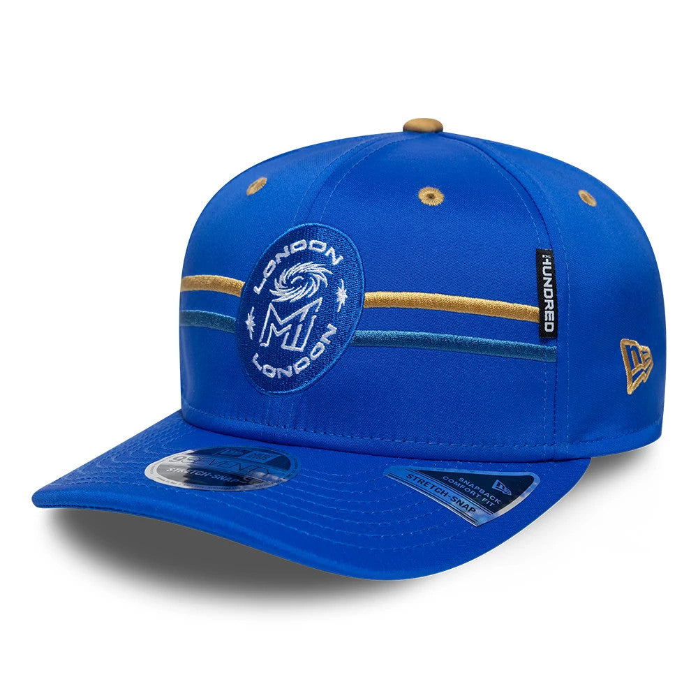 Pictured is this The Hundred 2026 MI London 9SEVENTY Stretch Snap Adjustable cap in bright blue. 1