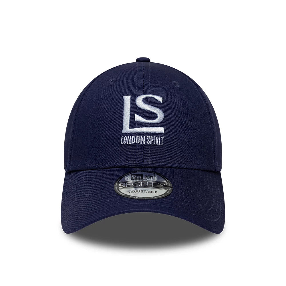 London Spirit The Hundred 2026 Dark Blue New Era 9FORTY Adjustable Cap, front view showing raised white embroidered LS London Spirit logo on the front panel, dark blue curved visor with a 9FORTY size sticker, and matching top button.