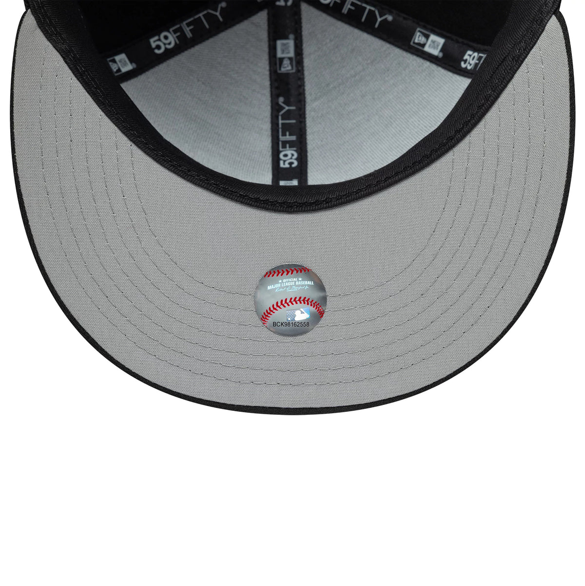New York Yankees MLB Bats Black New Era 59FIFTY Fitted Cap, inside view showing the grey undervisor with black 59FIFTY taping, a black sweatband, and a baseball-shaped sticker centred on the visor.