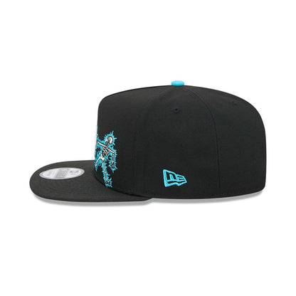 LA Dodgers MLB Electrocute Black New Era 9FIFTY A-Frame Snapback Adjustable Cap, side view showing the blue embroidered New Era flag logo on the left side, structured black crown, and a blue skeleton design on the front panel.