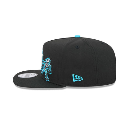 Yankees MLB Electrocute Black New Era 9FIFTY A-Frame Snapback Adjustable Cap, side view showing the turquoise embroidered New Era flag logo on the left side of the structured black crown, with a flat visor and electrified figure graphic.