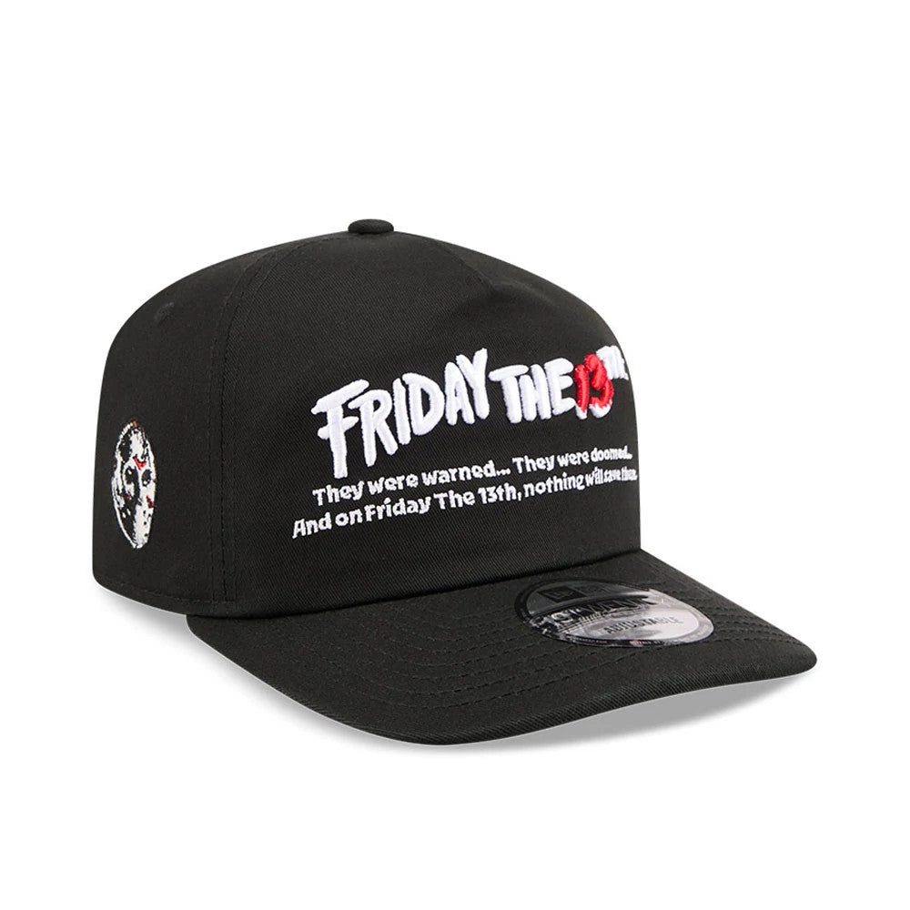 Friday The 13th They Were Warned Black New Era 19TWENTY Adjustable Cap, front view showing a white and red embroidered Friday the 13th text across the black structured crown, a Jason Voorhees mask motif on the left side.
