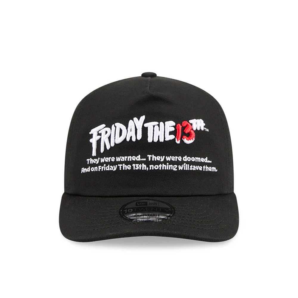 Friday The 13th They Were Warned Black New Era 19TWENTY Adjustable Cap, front view showing large white and red embroidered script logo on the structured black crown, with text below, and a black visor featuring a 19TWENTY size sticker.