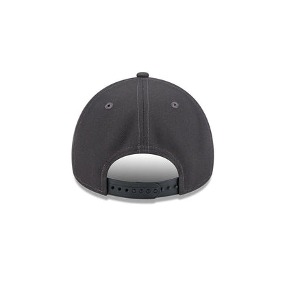 New Era Jack O Lantern Black 9FORTY A-Frame Adjustable Cap, rear view showing the unadorned back panels with two black eyelets, highlighted stitching, and a curved black plastic snap closure for easy adjustment below the structured crown.