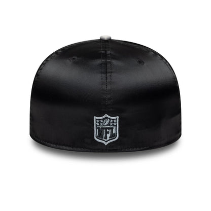 LA Raiders NFL Satin Black & Grey New Era 59FIFTY Fitted Cap, rear view showing the grey embroidered NFL shield logo centred on the black satin back panels, with a texture and a matching black top button.
