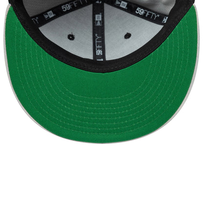 LA Raiders NFL Satin Black & Grey New Era 59FIFTY Fitted Cap, inside view showing a green undervisor, black interior taping with 59FIFTY branding, and a grey sweatband lining the crown, contrasting the classic black and grey exterior.