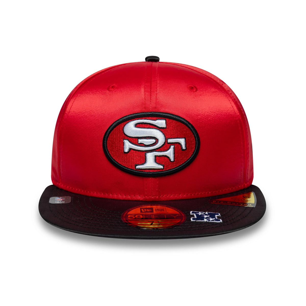 San Francisco 49ers NFL Satin Red & Black New Era 59FIFTY Fitted Cap, front view with an embroidered red and white SF logo on the structured satin red crown, a contrasting black visor, and a gold 59FIFTY size sticker on the visor.