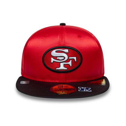 San Francisco 49ers NFL Satin Red & Black New Era 59FIFTY Fitted Cap, front view with an embroidered red and white SF logo on the structured satin red crown, a contrasting black visor, and a gold 59FIFTY size sticker on the visor.
