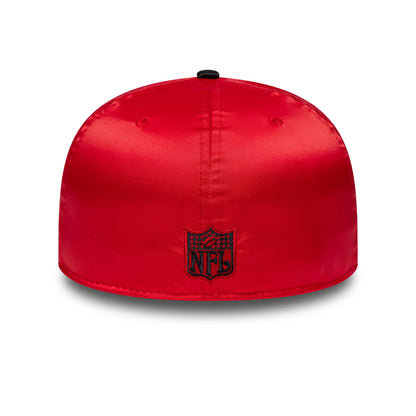 San Francisco 49ers NFL Satin Red & Black New Era 59FIFTY Fitted Cap, rear view showing the black embroidered NFL shield logo at the centre of the back panels, with a glossy red satin finish and a black top button.