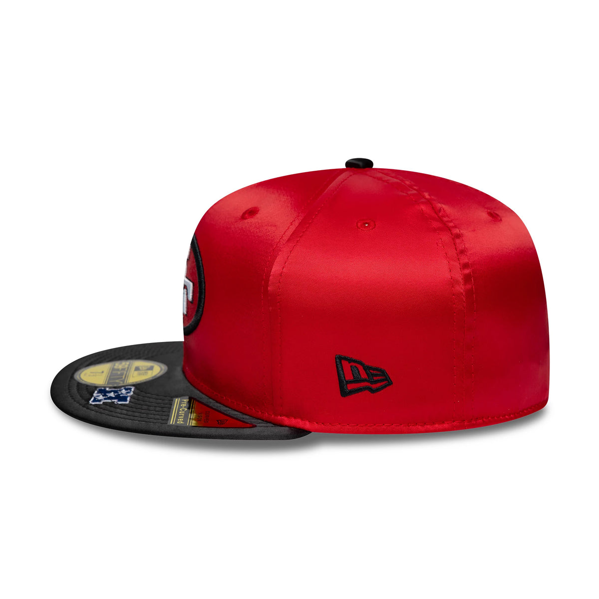 San Francisco 49ers NFL Satin Red & Black New Era 59FIFTY Fitted Cap, side view showing the embroidered New Era flag logo on the left side, satin texture of the red structured crown, and the black flat visor with gold 59FIFTY size sticker.