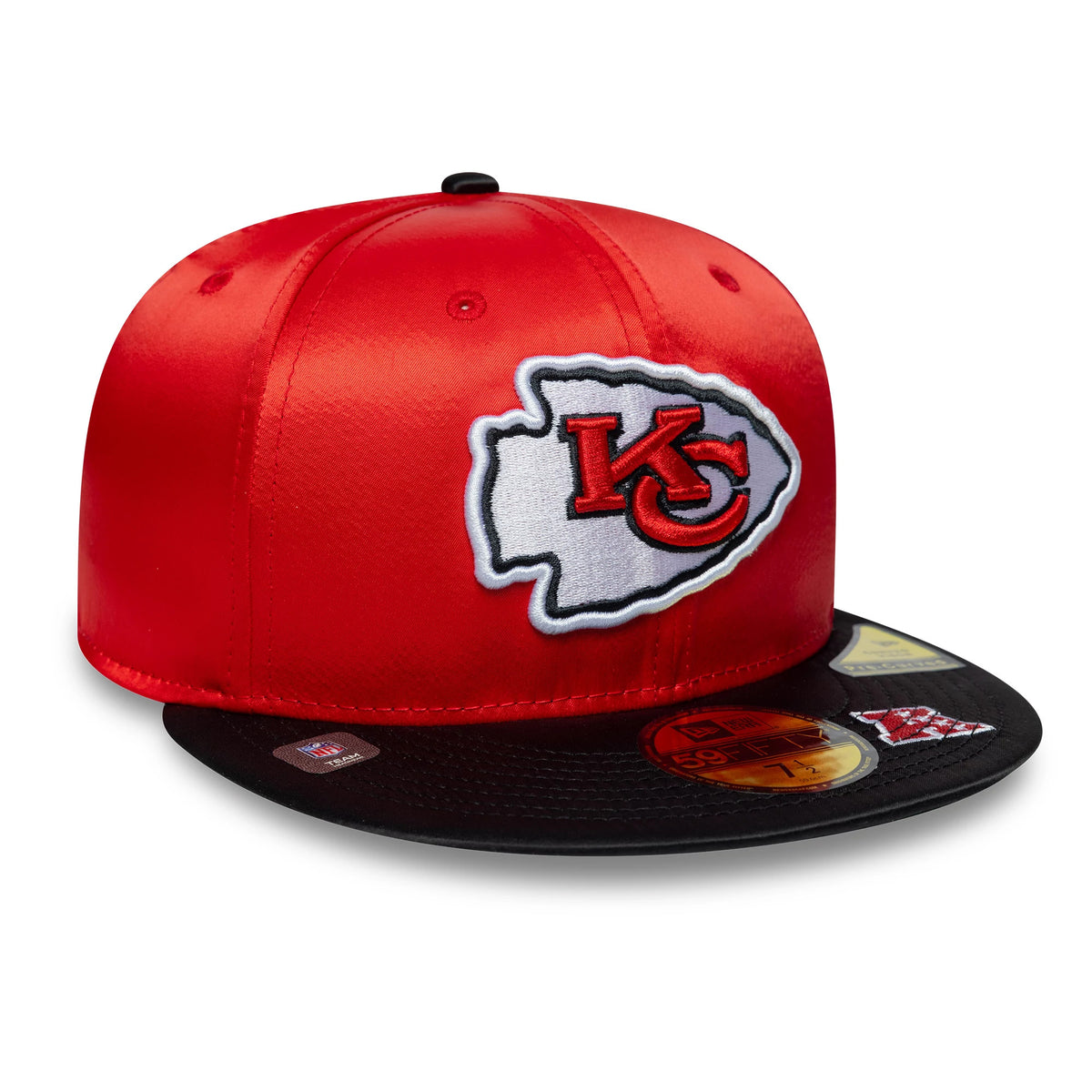 Kansas City Chiefs NFL Satin Red & Black New Era 59FIFTY Fitted Cap, three-quarter view showing the raised embroidered red KC arrowhead logo on the red satin front panels, with a contrasting black flat visor featuring a gold 59FIFTY size sticker.
