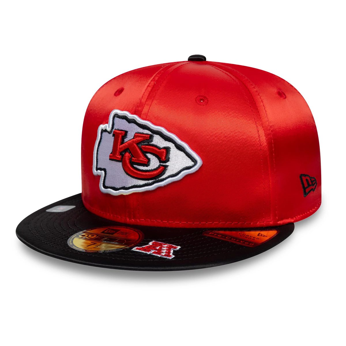 Kansas City Chiefs NFL Satin Red & Black New Era 59FIFTY Fitted Cap, front view showing a white and red embroidered Chiefs logo on the red satin crown, with a black flat visor featuring a gold 59FIFTY size sticker and additional AFC patch.