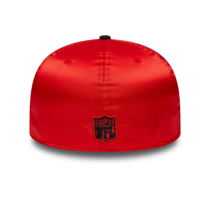 Kansas City Chiefs NFL Satin Red & Black New Era 59FIFTY Fitted Cap, rear view showing the black embroidered NFL logo centred on the red satin back panels, with a black top button and eyelets completing the design.
