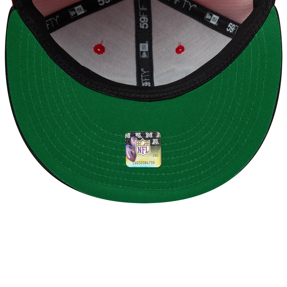 Kansas City Chiefs NFL Satin Red & Black New Era 59FIFTY Fitted Cap, inside view showing the green undervisor with an attached NFL holographic sticker, black 59FIFTY branded taping, and grey sweatband with red eyelets.
