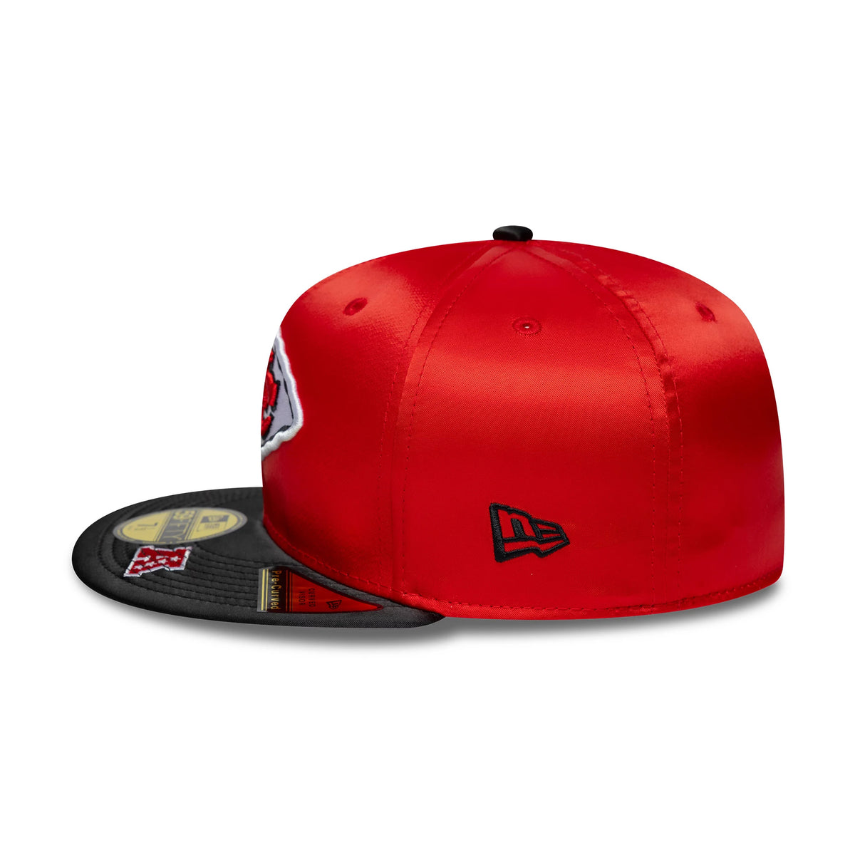 Kansas City Chiefs NFL Satin Red & Black New Era 59FIFTY Fitted Cap, side view showing the black embroidered New Era flag logo on the left side of the red structured crown, with a black flat visor featuring a gold 59FIFTY size sticker.