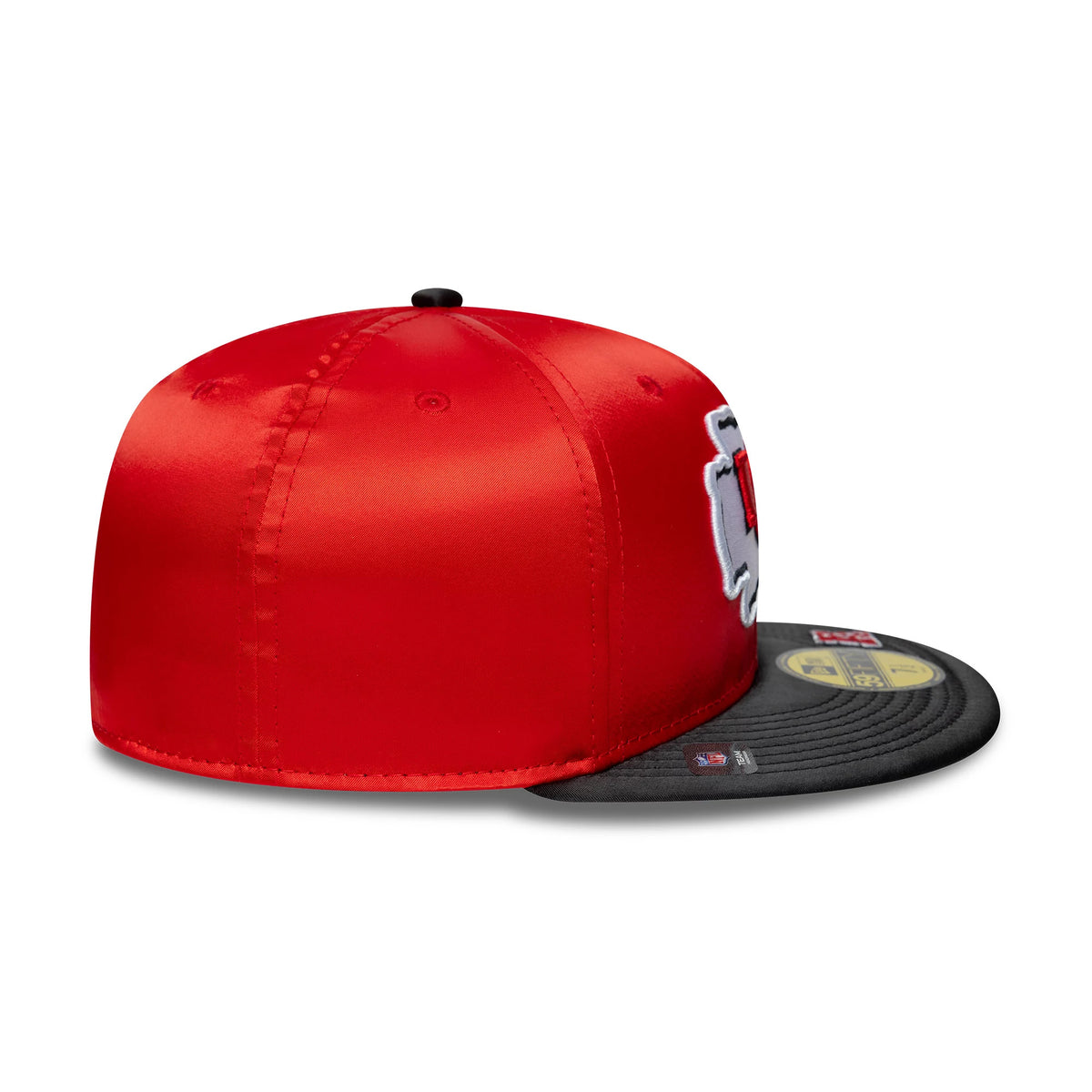 Kansas City Chiefs NFL Satin Red & Black New Era 59FIFTY Fitted Cap, side view showing the raised white and red Chiefs logo embroidered on the front panel, the black contrast flat visor with a gold 59FIFTY size sticker, and a black top button.