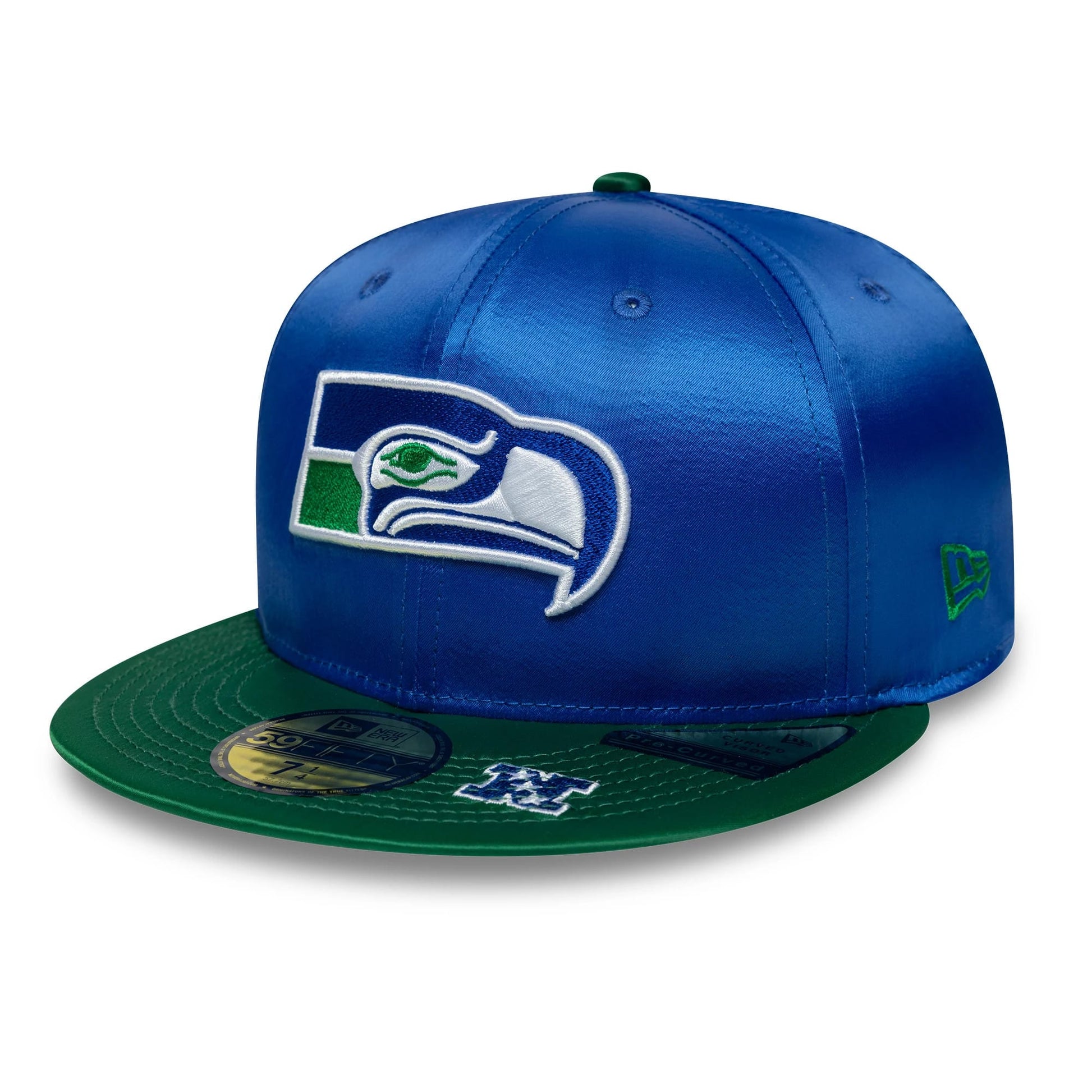 Pictured is this NFL Satin Seattle Seahawks 59FIFTY Fitted cap in blue & green. 1