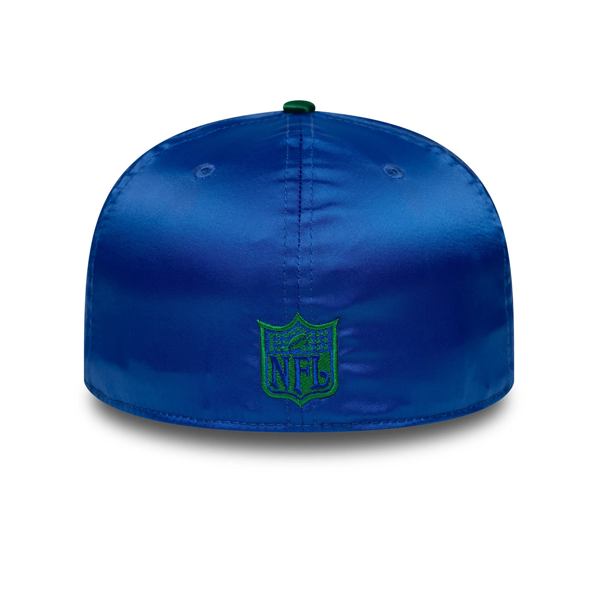 Seattle Seahawks NFL Satin Blue & Green New Era 59FIFTY Fitted Cap, rear view showing the embroidered green NFL shield logo at the centre back, blue satin fabric, a green top button, and matching eyelets on the structured crown.