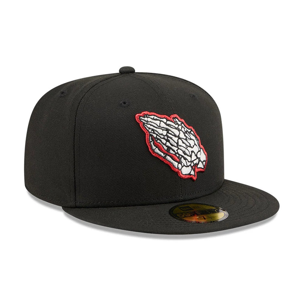 New Era Praying Skeleton Black 59FIFTY Fitted Cap, three-quarter view showing the white and red embroidered praying skeleton design on the front panel, flat black visor with a gold 59FIFTY size sticker, and black top button.