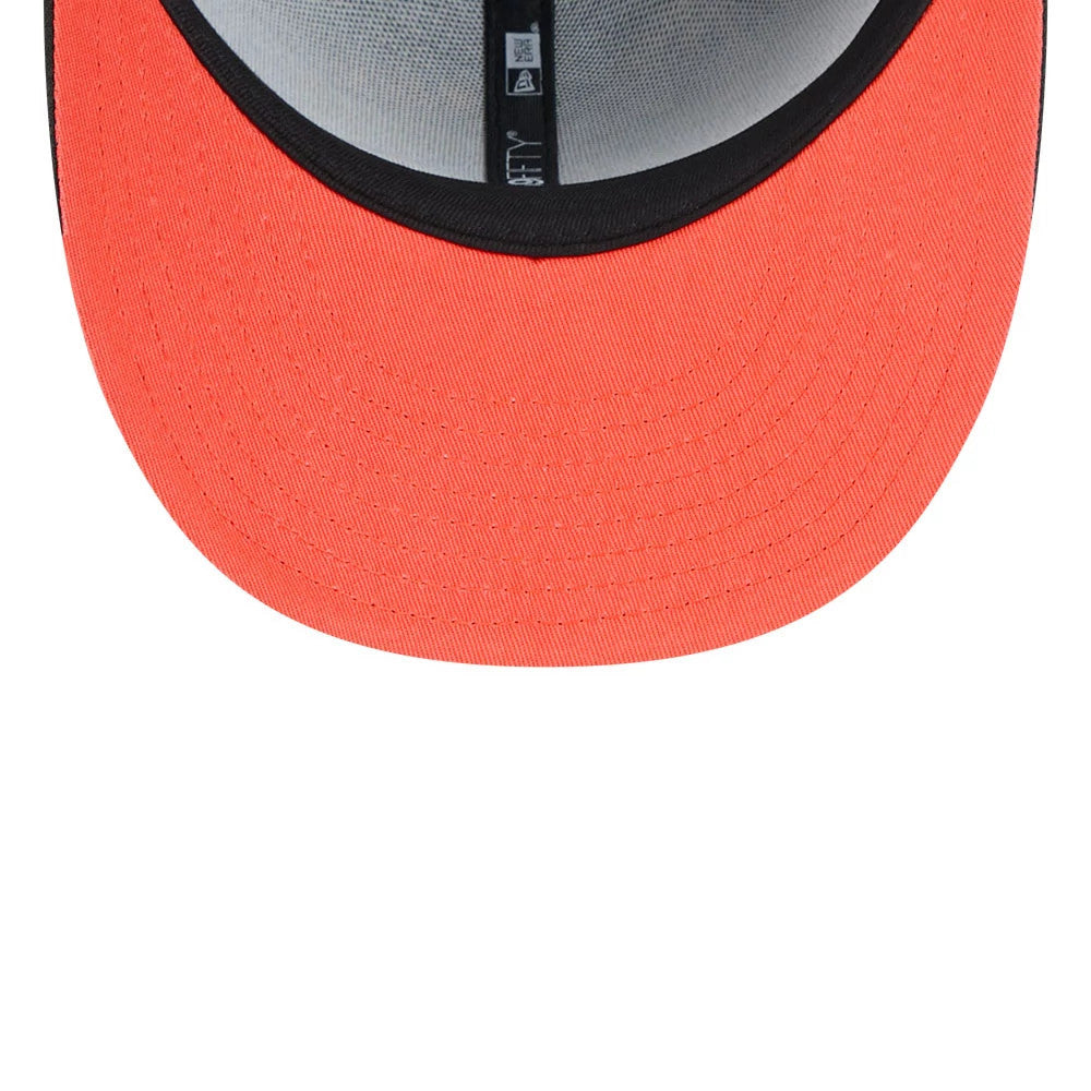 LA Dodgers MLB Pumpkin Patch Black New Era 59FIFTY Fitted Cap, inside view showing the bright orange undervisor, the black interior taping with the New Era and 59FIFTY logos, and the grey sweatband lining the structured crown.