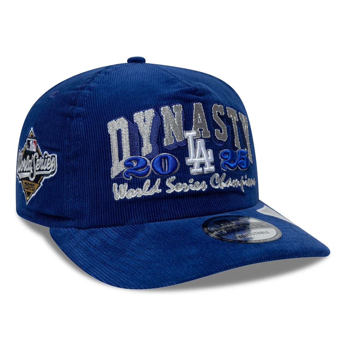 LA Dodgers MLB Retro Dynasty Cord Dark Blue New Era 19TWENTY Adjustable Cap, three-quarter view showing white and blue embroidered DYNASTY and LA logos on the front panel, a 2025 World Series Champions patch on the left side.