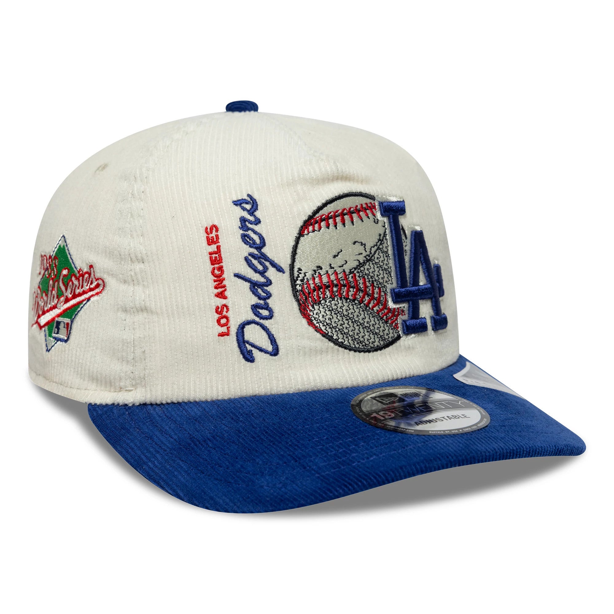 Pictured is this MLB Retro Dynasty LA Dodgers Cord 19TWENTY cap in cream & blue. 1