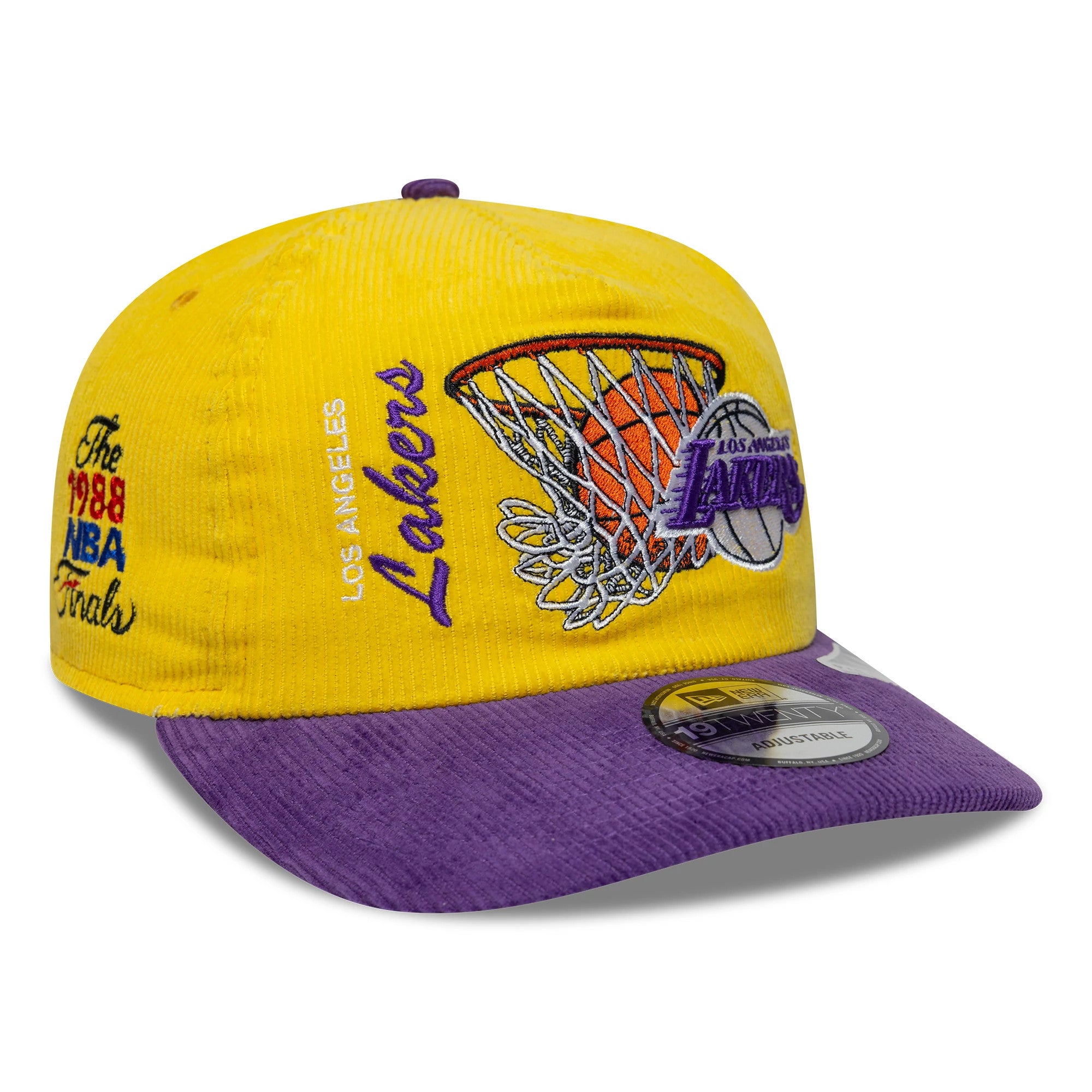 Pictured is this NBA Retro Dynasty LA Lakers Cord 19TWENTY cap in yellow & purple. 1