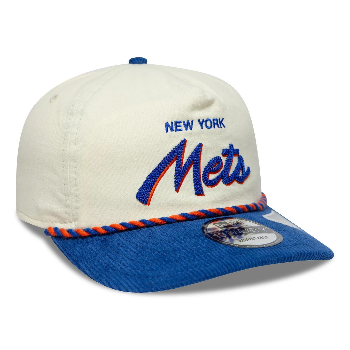 Pictured is this MLB Retro Dynasty New York Mets Cord 19TWENTY cap in cream & blue. 4