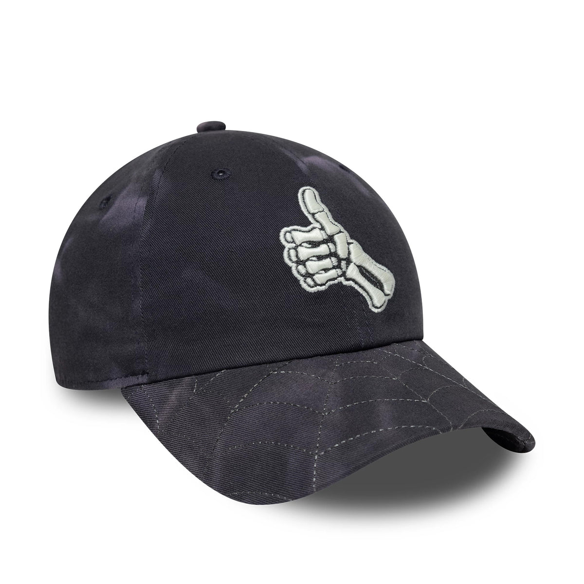 New Era Thumbs Up Skeleton Black Casual Classic Adjustable Cap, front view showing a white and black embroidered skeleton hand giving a thumbs up on the black front panels, with a curved black visor and matching black top button.